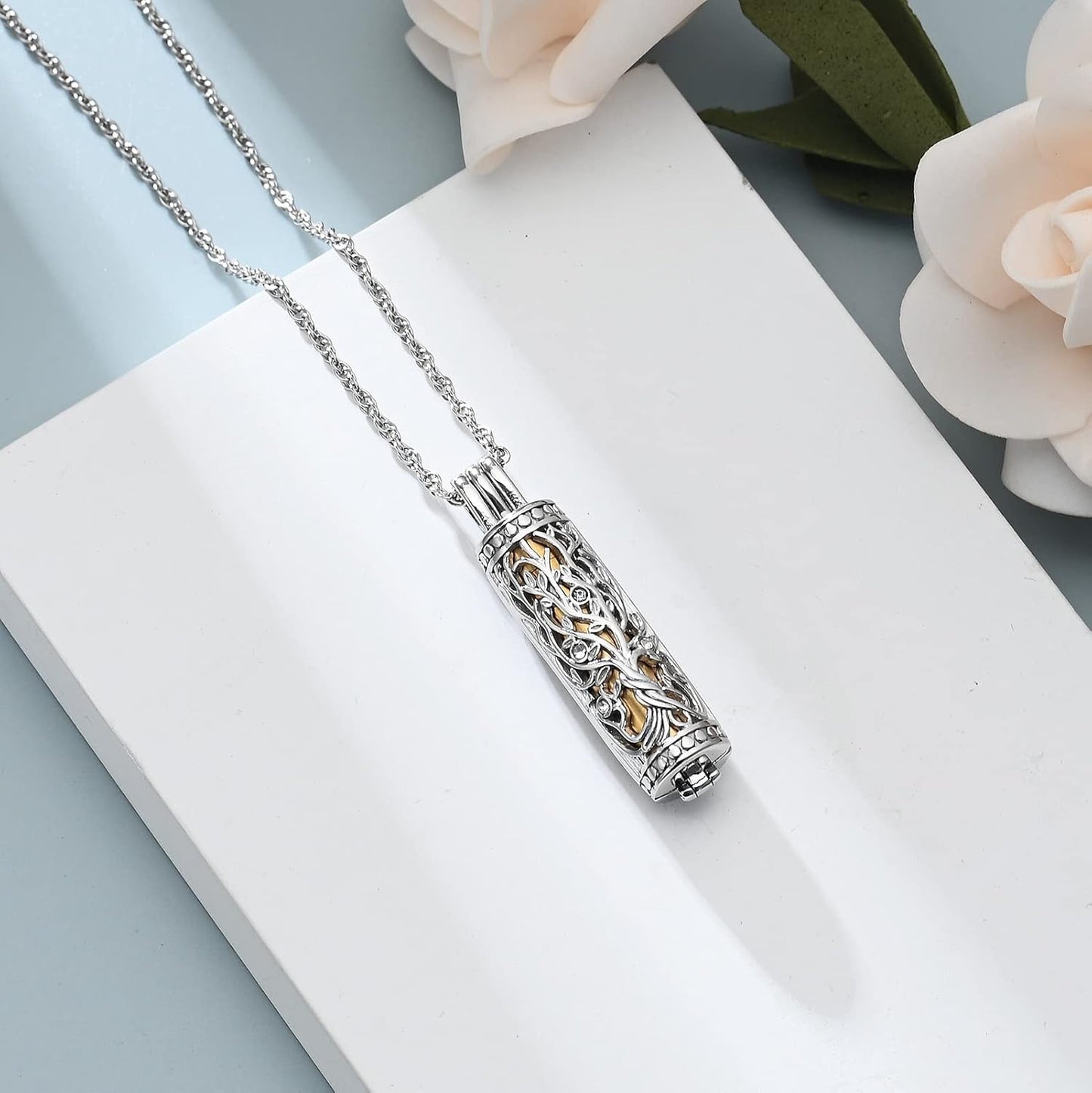 shajwo Cylinder Cremation Jewelry Tree of Life Urn Ashes Necklace for Women Men Vial Cremation Ash Pendant Loved One Memorial Jewelry