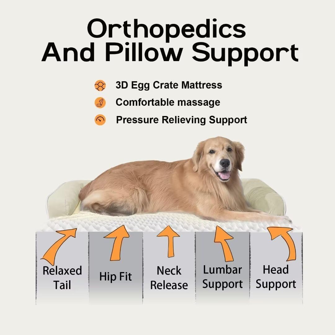 Large Dog Bed Orthopedic Washable - Beds Bolster Pet - XXXL Large Big Dogs - Memory Foam - Couch Sofa Bed- Waterproof with Removable Cover - Beige Dog Bed