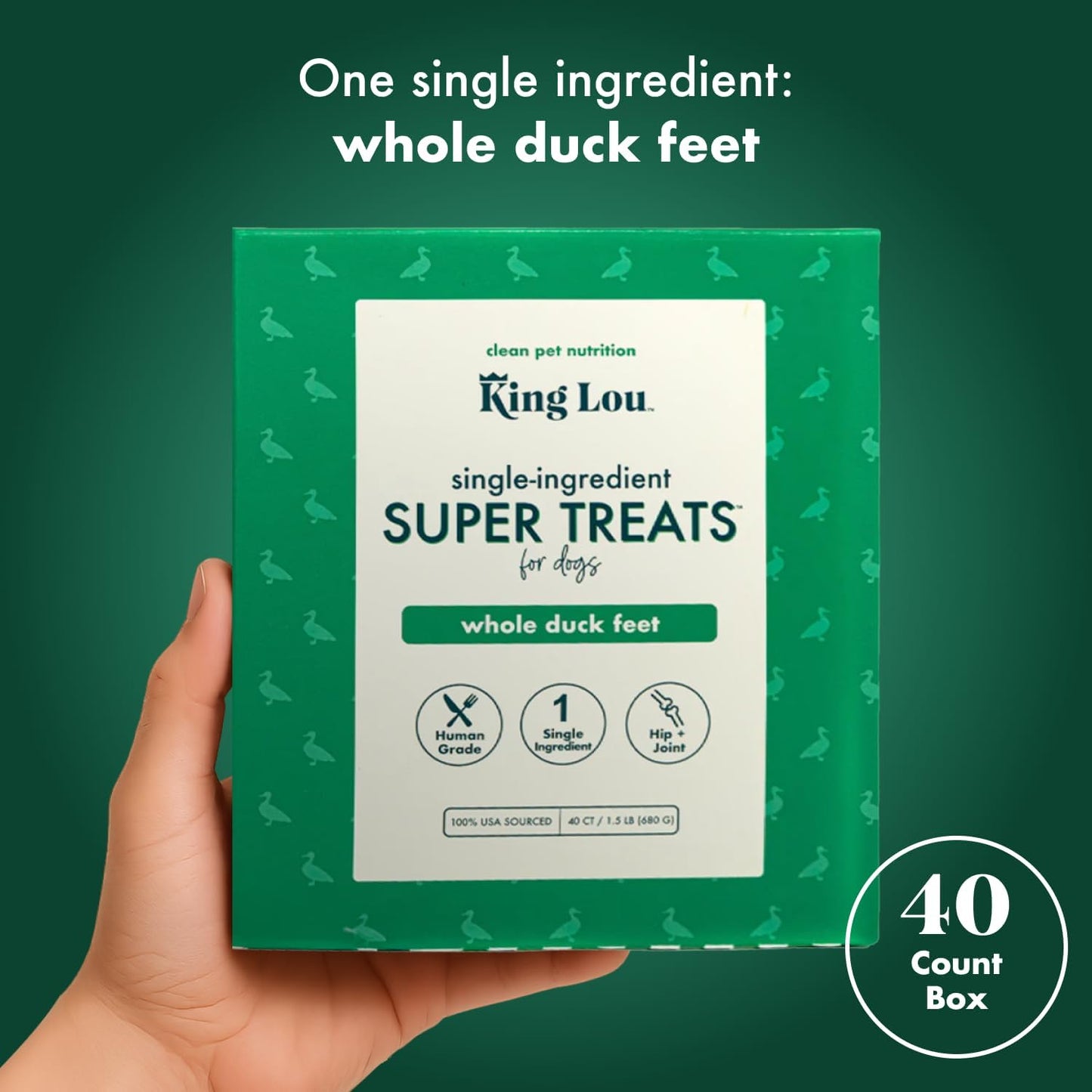 King Lou Pets - Whole Duck Feet for Dogs - Single Ingredient Treat - Dehydrated Dog Treats - USA-Made Dog and Cat Treats - Collagen, Glucosamine, Chondroitin for Hip and Joint Health - 40 Count