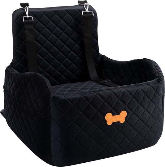 Dog Car Seat for Small Dogs, Dog Booster Seat Filling in Thick Memory Foam with 2 Safety Leashes and Storage Pocket, Suitable for Pet Under 30lb or 2 Puppies (Black)