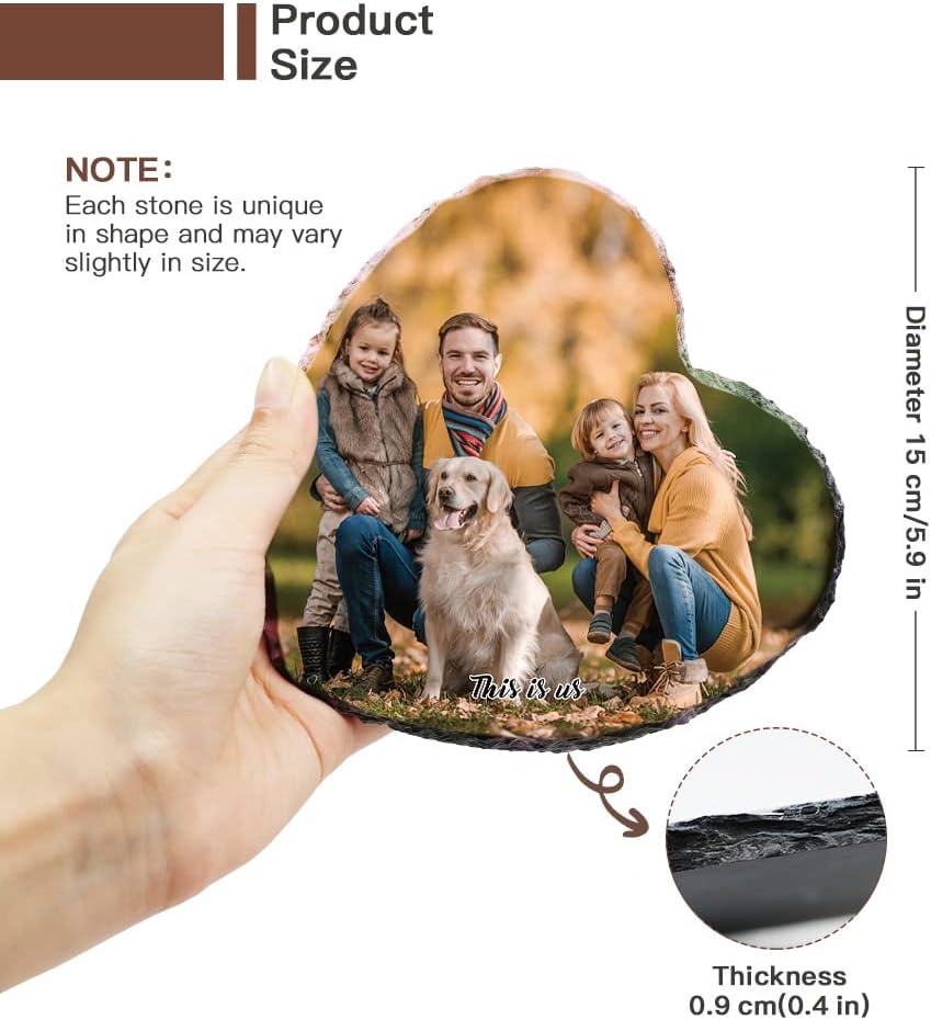Bemaystar Customized Rock Slate Photo Frame- Personalized Picture Memorial Plaque, Creative Heart Shaped Picture Frame Gift for Couples Families Friends 5.9x5.9