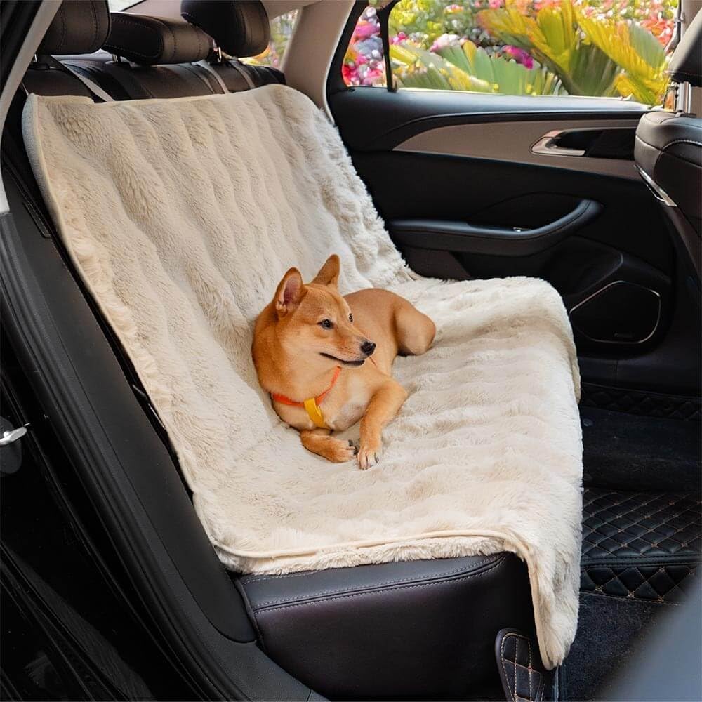 FUNNY FUZZY Fluffy Dog Car Seat Cover for Back Seat (Bench), Water-Resistant with Nonslip Backing,Pet Seat Protector for Cars SUVs Trucks（Beige