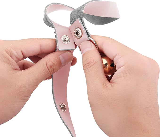 Leather Dog Doorbells for Door Knob/Potty Training/Go Outside, Length Adjustment Copper Dog Bell, Housetraining Hanging Bell, Pink Leather Golden Bells - 2 Pack.