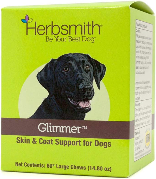 Herbsmith Glimmer - Dog Healthy Skin and Coat + Dog Treatment for Dry Itchy Skin - Omega-3 Supplement for Dogs - 60ct Large Chews