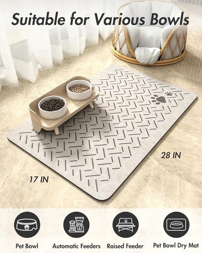 MontVoo-Absorbent Pet Feeding Mat-No Stains Quick Dry Dog Mat for Food and Water Bowl-Rubber Backing Dispenser Mat Accessories Supplies-Dog Bowl Messy Drinkers,Light Grey