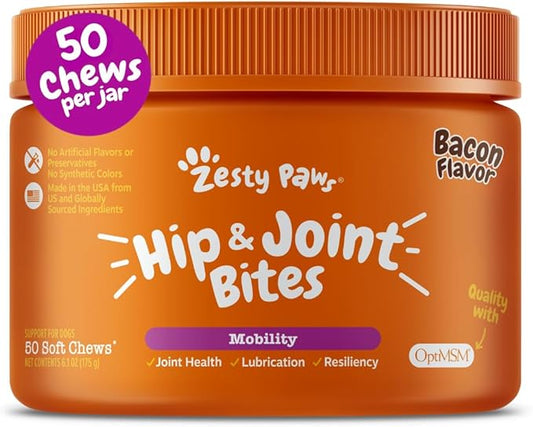 Zesty Paws Hip and Joint for Dogs, Glucosamine for Dogs Hip and Joint Supplement with Chondroitin, MSM, Vitamins C & E - Bacon, 50 Count