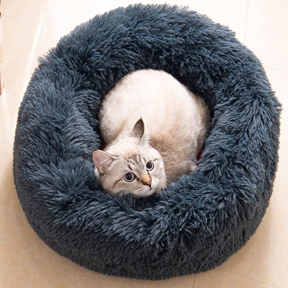 Cat Beds for Indoor Cats - Small Dog Bed Washable 24 inches, Anti Anxiety Round Fluffy Plush Faux Fur Pet Bed, Thick Bottom (Dark Grey, Large 24" L x 24" W)