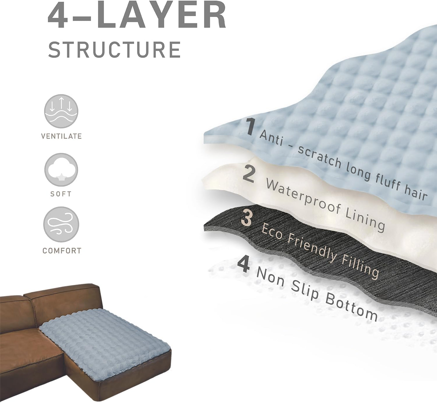 Dogs/Cats Bed Mats, Dog Pad Washable Removable Couch Cover with Anti-Slip Back, Plush Long Fur Mat, Perfect for Small, Medium and Large Dogs.(Light Gray-Bubble, 40"x50")