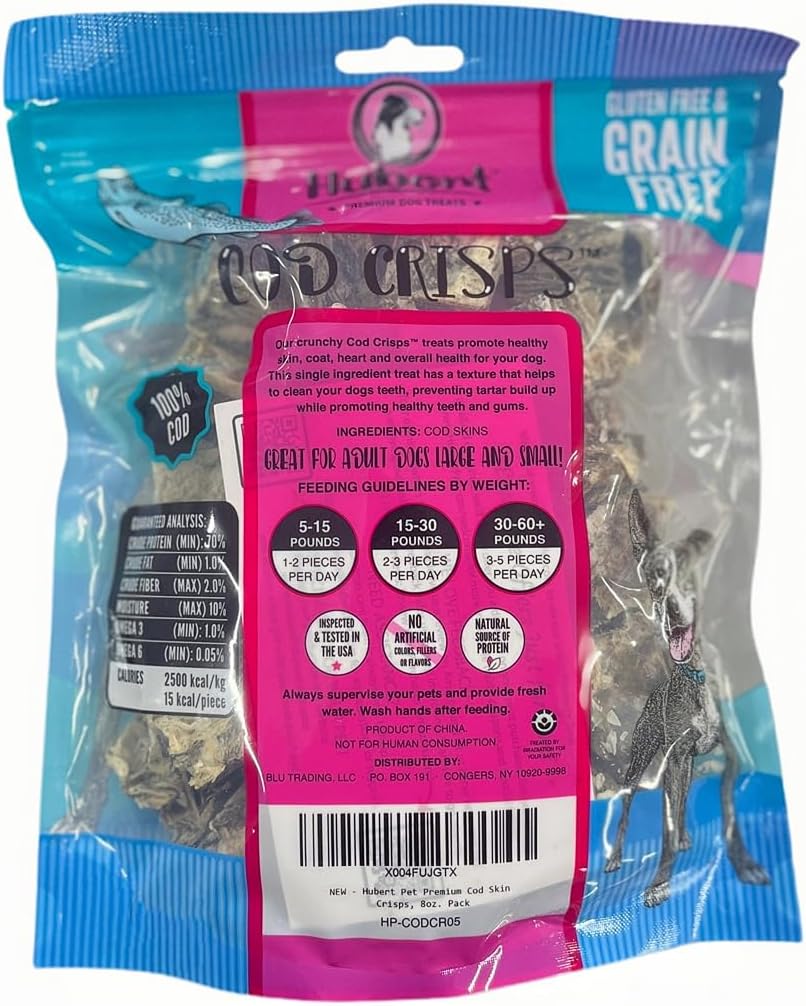Hubert Pet Premium Cod Skin Crisps - Single Ingredient Gourmet Dog Treats, 8 oz Resealable Trial Size Bag