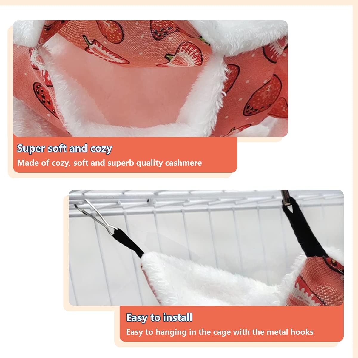 LEFTSTARER Triple-Layer Sugar Glider Hammock Small Pet Animal Cage Accessories Bed for Rat Guinea Pig Ferret Hamster Chinchilla Playing Sleeping (1pcs Grey &1pcs Strawberry)