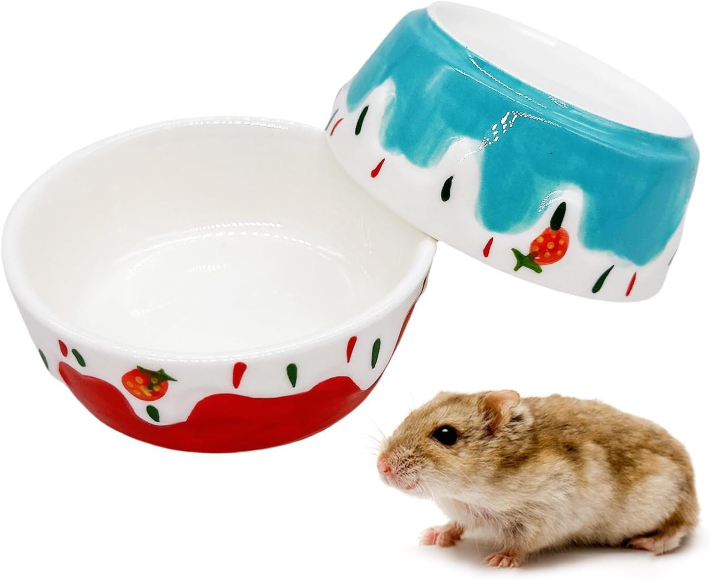 2 Pack Hamster Food Bowl Small Animals Ceramic Food Water Bowl Rat Bowls Prevent Tipping Moving for Gerbil Chinchilla Hedgehog (Color: Red + Blue)