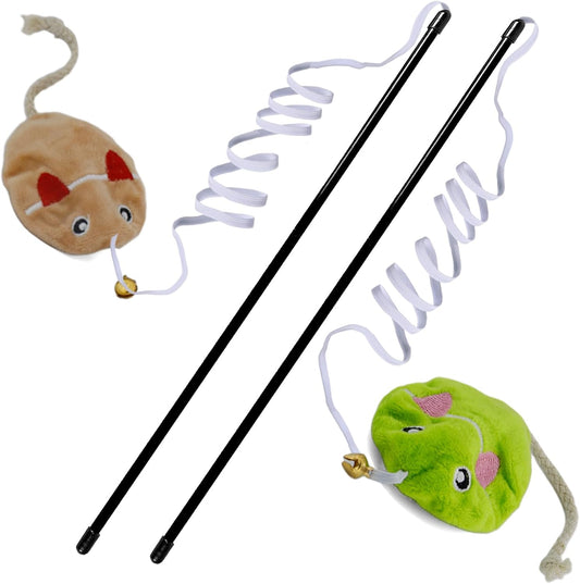 Interactive Cat Toy Wand with Catnip Mouse, Cat Teaser Wand Rainbow String for Bored Indoor Adult Cats and Kittens (2 Pack Mouse)
