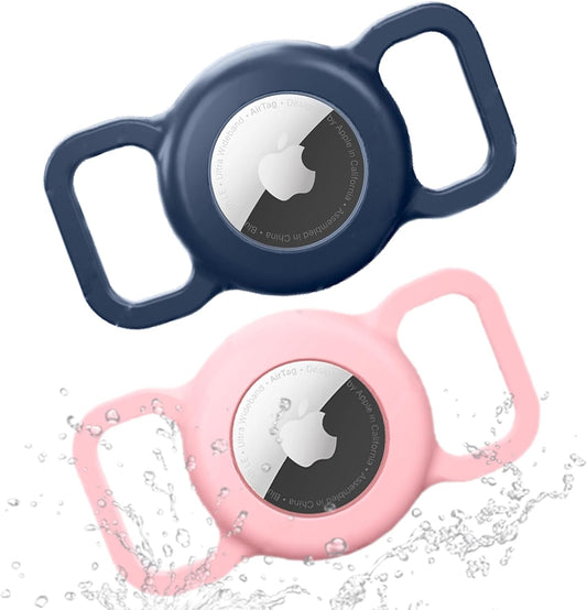 Apple AirTag Case for Pets - 2 Pack Waterproof Silicone Holder, Full Body Protective Cover for Dog & Cat Collars - Pink + Navy Blue