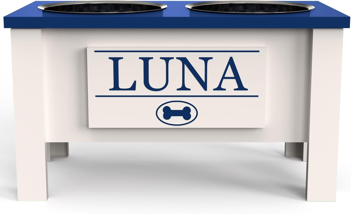 GrooveThis Woodshop - Personalized Elevated Dog Bowl Stand for Large, Medium, Small, X-Small Dogs - Stainless Steel Food and Water Bowls - Raised Dog Dish with Internal Storage (Large, Blue)