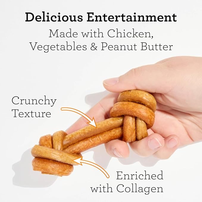 DreamBone CollaYUMS Knots Plus Collagen Chews for Dogs, 8 Count, Treat Your Dog to Rawhide-Free Chews Made with Chicken, Vegetables and Peanut Butter