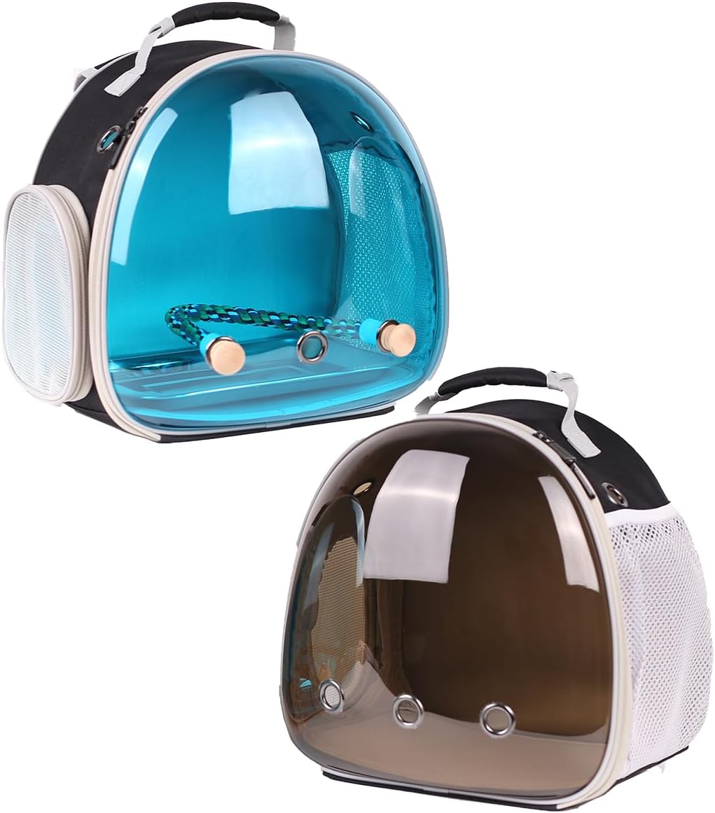halinfer Polarized Tinted Blue Bubble Small Bird Carrier Travel Cage, Portable Bird Carry Backpack with Stainless Steel Tray and Standing Perch for Parakeet Cockatiel Budgies