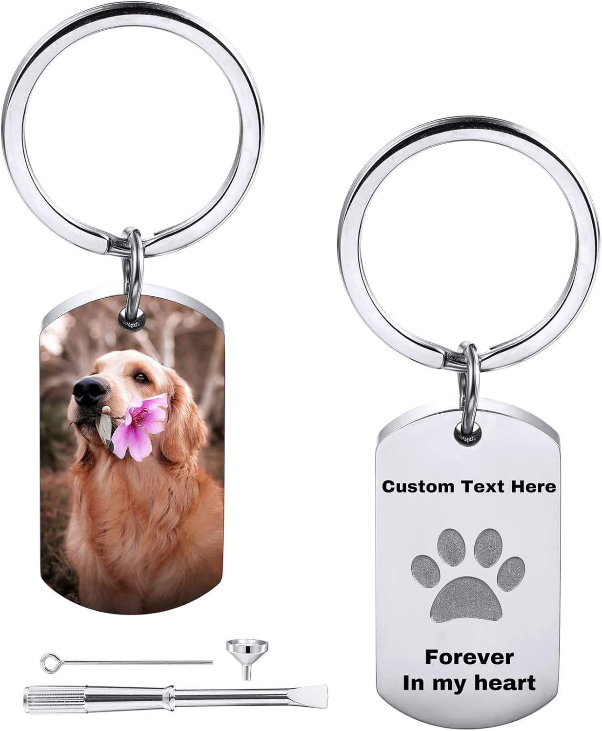 Personalized Cremation Urn Keychain for Pet Human Ashes Custom Photo/Name/Date Dog Cat Paw Print Pendant Stainless Steel Keyring Memorial Keepsake Keychain for Women Men (Style A1)