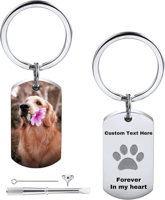 Personalized Cremation Urn Keychain for Pet Human Ashes Custom Photo/Name/Date Dog Cat Paw Print Pendant Stainless Steel Keyring Memorial Keepsake Keychain for Women Men (Style A1)