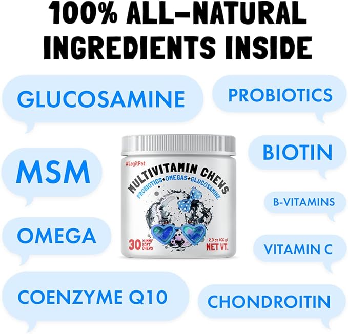 Dog Vitamins - 30 Multivitamins Chews w/Glucosamine Chondroitin, Probiotics Digestive Enzymes and Omegas - Supplement for Overall Health - Joint Support, Immune Health, Skin and Heart Health