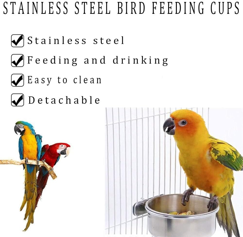 kathson 2 Pack Bird Feeding Dish Cups, Stainless Steel Parrot Feeders Water Cage Bowls with Clamp Holder Bird Feeders for Parakeet Cockatiels Conure Budgies Lovebird Finch and Small Animals