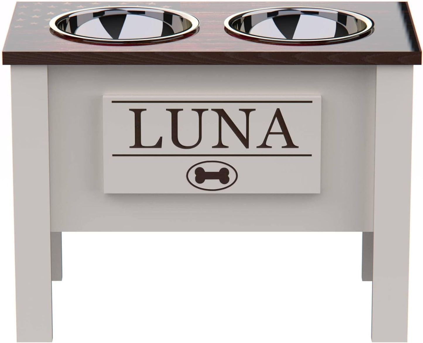 GrooveThis Woodshop - Personalized Elevated Dog Bowl Stand for Large, Medium, Small, X-Small Dogs - Stainless Steel Food and Water Bowls - Raised Dog Dish (X-Large, Flag Design)