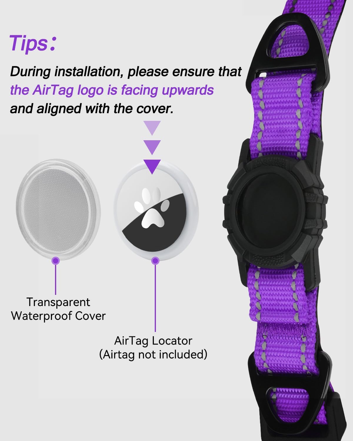 Joytale Airtag Dog Collar, Reflective Pet Collar with Waterproof AirTag Holder, Dual D-Rings, Soft Padded Adjustable for Medium Dogs, Purple, M