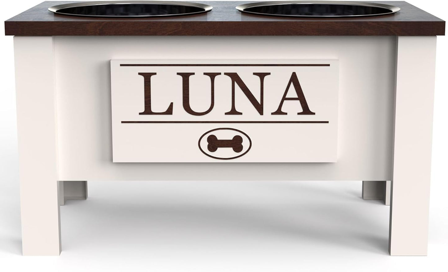 GrooveThis Woodshop - Personalized Elevated Dog Bowl Stand for Large, Medium, Small, X-Small Dogs - Stainless Steel Food and Water Bowls - Raised Dog Dish with Internal Storage (Large, Dark Walnut)