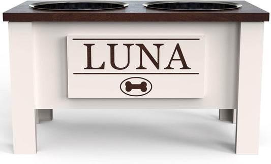 GrooveThis Woodshop - Personalized Elevated Dog Bowl Stand for Large, Medium, Small, X-Small Dogs - Stainless Steel Food and Water Bowls - Raised Dog Dish with Internal Storage (Large, Dark Walnut)