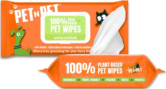 PET N PET 100% Plant Based Dog Wipes for Paws and Butt, 100 Counts Hypoallergenic Unscented Dog Pet Wipes, 8" x 8"