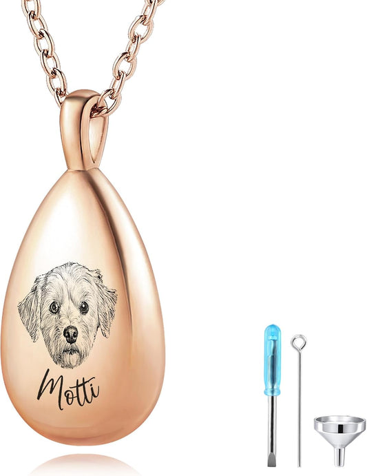 MMXX Personalized Pet Portrait Teardrop Urn Necklace with Name/Photo Stainless Steel Pendant - Cremation Jewelry for Pet Memorial Gifts - Funnel Kit Included