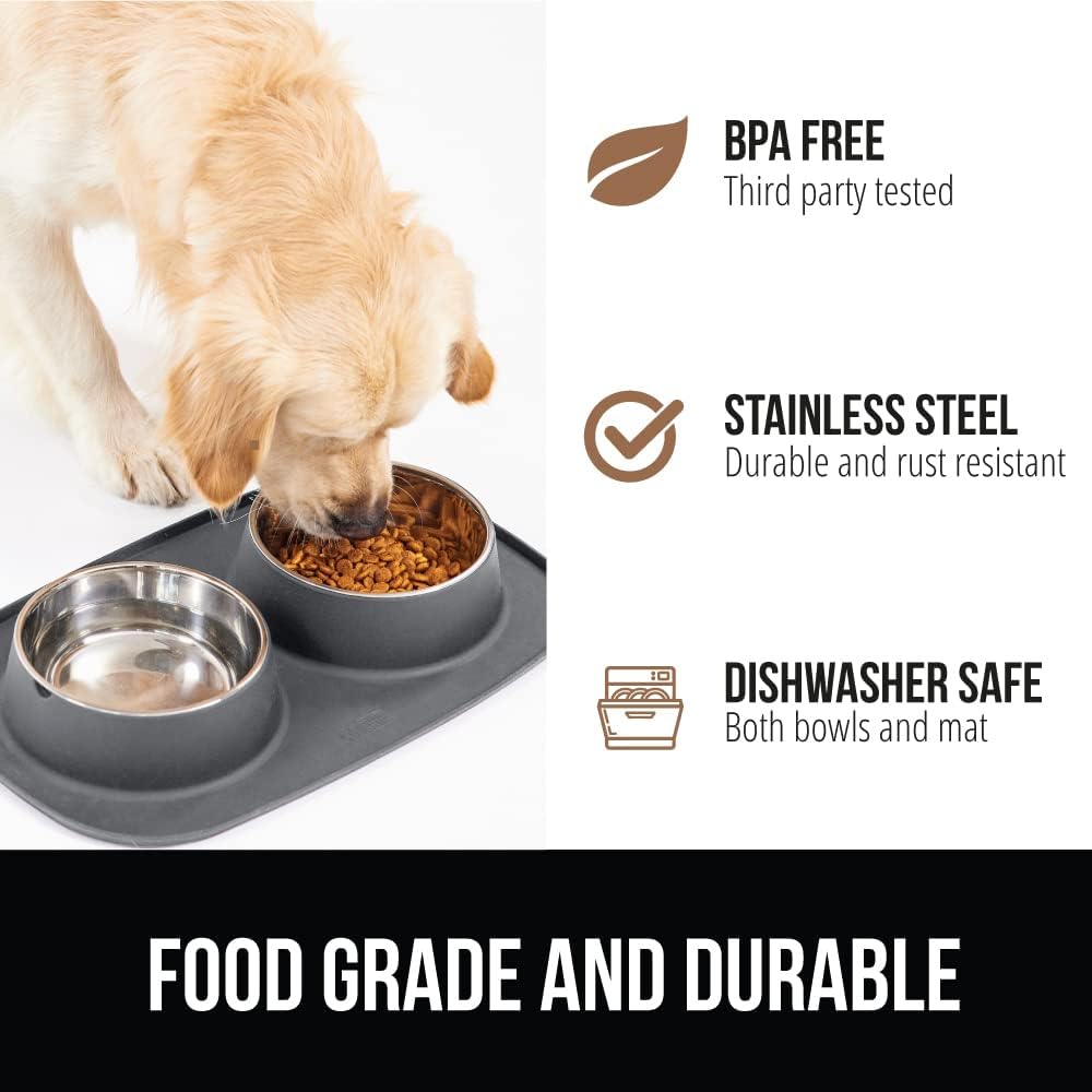 GORILLA GRIP Feeding Mat Set, 3 Cup, Patent Pending 100% Waterproof BPA Free Silicone, Stainless Steel Cat and Dog Bowls, Slip Resistant, High Edges Catch Water Food, US Designed Pet Accessories, Gray