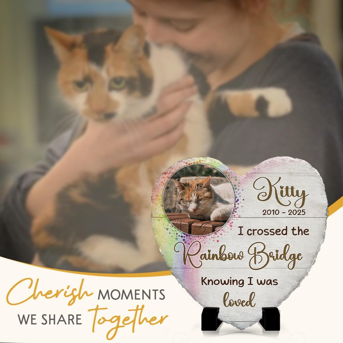 Custom Memorial Stones for Cats - Pet Heart Headstones Plaque - Cat Mom Rainbow Bridge Gifts for Cat Lovers at Her Loss