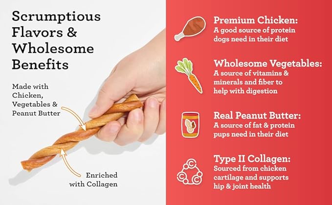 DreamBone CollaYUMS Twists Plus Collagen Chews for Dogs, 10 Count, Treat Your Dog to Rawhide-Free Chews Made with Chicken, Vegetables and Peanut Butter