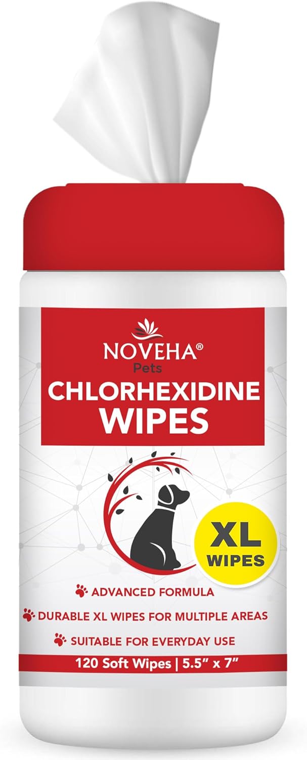 NOVEHA XL Cleansing Wipes with Aloe for Cats and Dogs - Formulated Pet Wipes for Facial, Finger Folds, and Underarms - Extra Large Size (5.5" x 7") - 120 Count