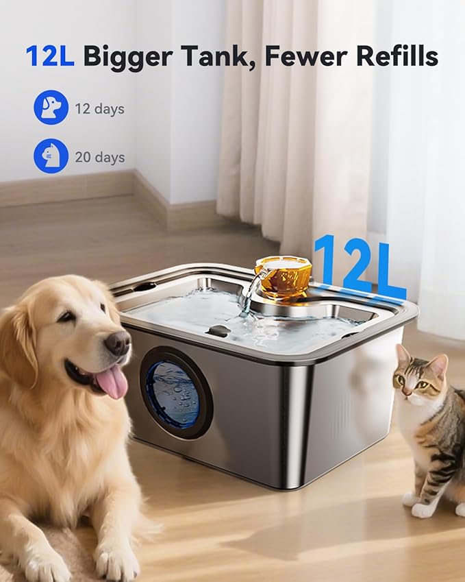 Dog Water Fountain for Large Dogs Stainless Steel 3 Gallon Big Pet Drinking Fountain with Filter, Electric Cat Watering Dispenser with Large-Filtration Area & Deeper Drinking Super Quiet