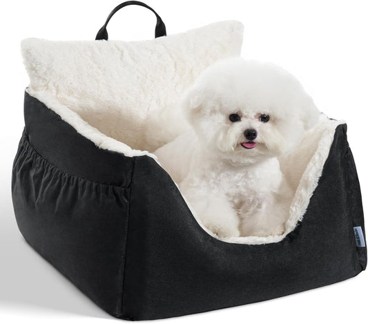 Milk and Soda Small Dog Car Seat Bed for Small Dogs Under 20 LBS with 2-Sided Pillow, Side Pockets, Built-in Leash, Machine Washable Cover (Black, Small)