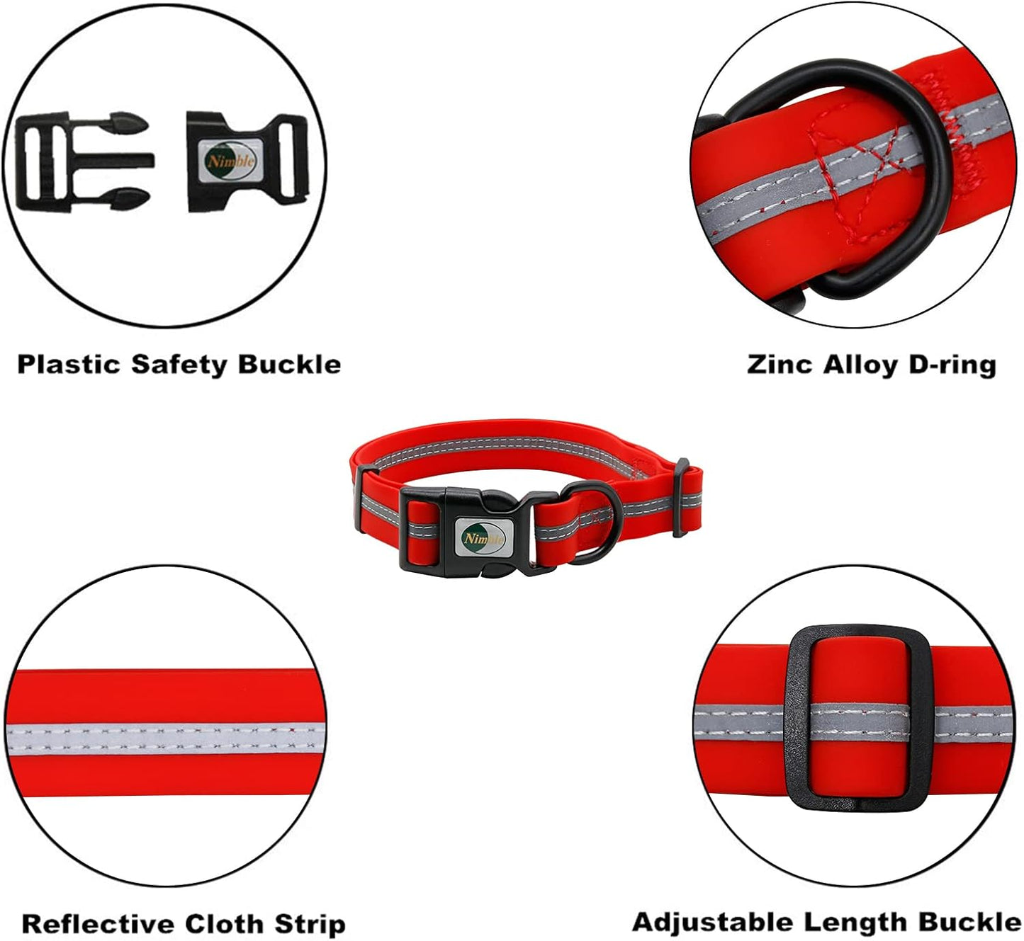 NIMBLE Dog Collar Waterproof Pet Collars Anti-Odor Durable Adjustable PVC & Polyester Soft with Reflective Cloth Stripe Basic Dog Collars S/M/L Sizes (Large (15.35”-24.8”inches), Candy Red)
