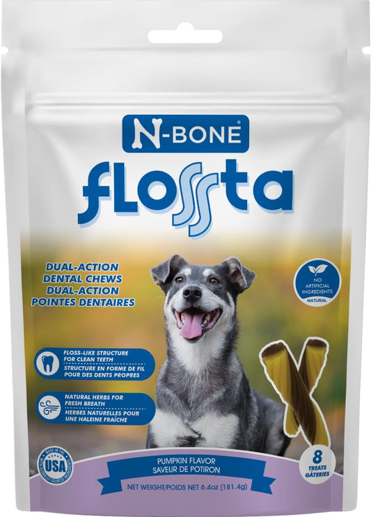 N-Bone Flossta Dual Action Dental Chews for Dogs, Unique Twist Shape for Deep Teeth Cleaning and Proactive Dental Care, Pumpkin Flavor, 8 Count 6.4-oz Bag