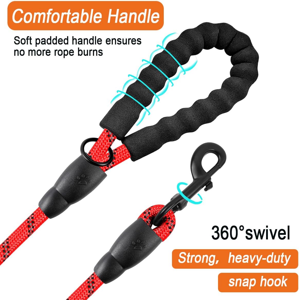 BARKBAY Dog Leashes for Large Dogs Heavy Duty Dog Leash 4/5/6 FT with Comfortable Padded Handle and Highly Reflective Threads for Medium Large Dogs Walking Training Running (5FT-1/2'',Red