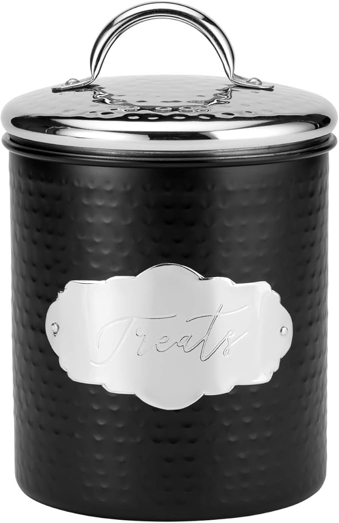 Amici Pet Cavalier Metal Canister Treats Jar, 40 Fluid Ounces, Black and Silver