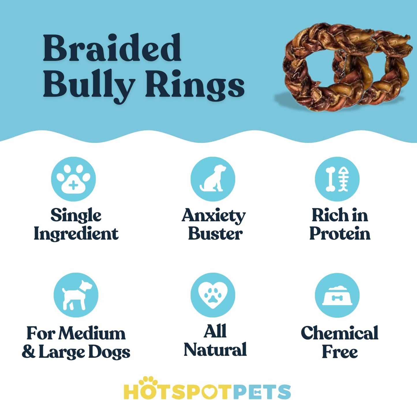 hotspot pets Braided Bully Stick Rings for Dogs - (3 Pack) Premium All Natural Long Twisted Beef Pizzle Dog Chew Treats - Grain Free Fully Digestible Rawhide Alternative Bones