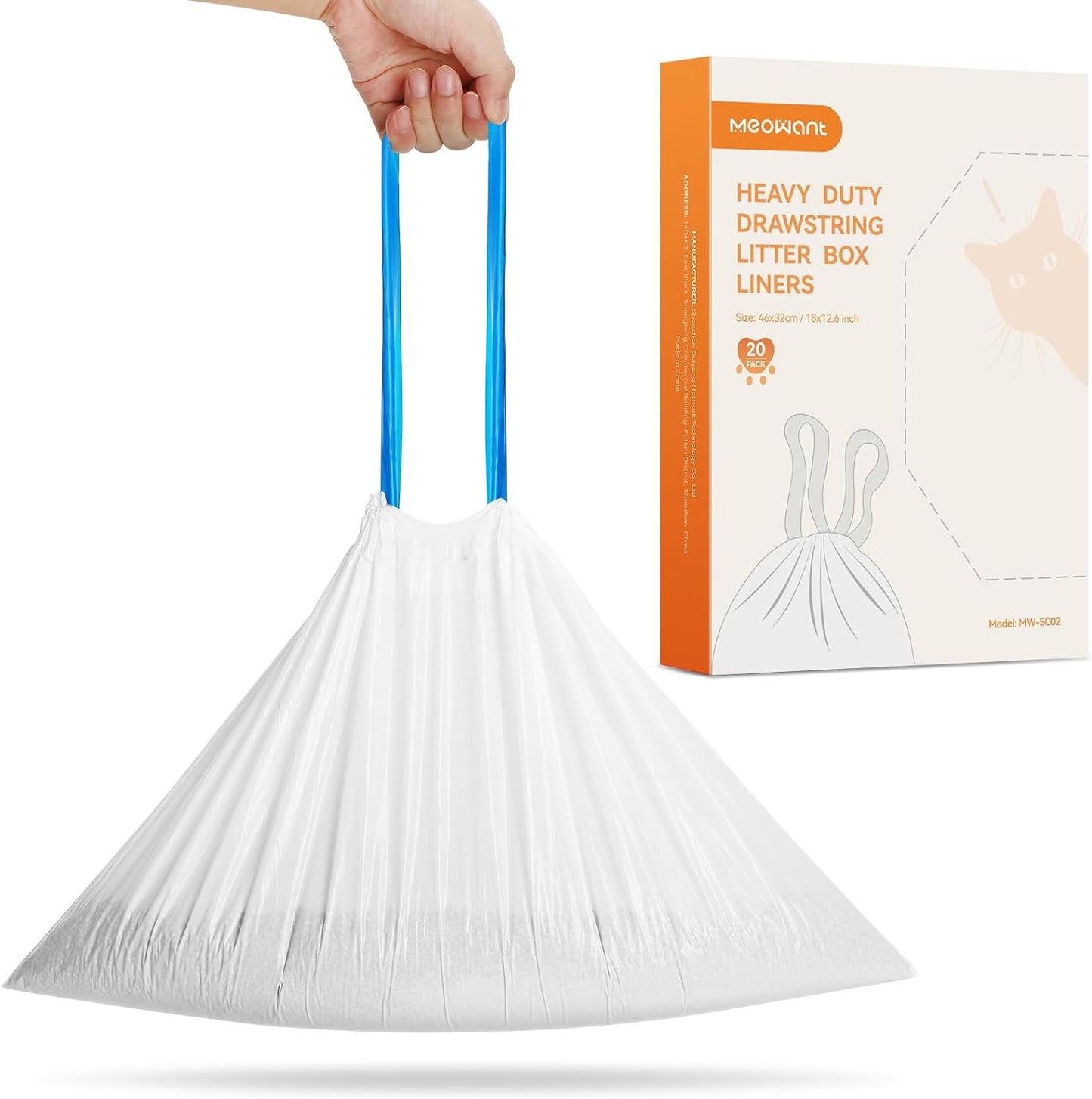 MeoWant Cat Litter Box Liners, Drawstring Receptacles Bags Thickened Waste Bag for MeoWant MW-SC01/MW-SC02 Automatic Cat Litter Box, 60pcs