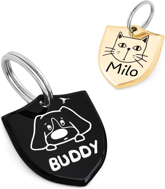 Cats Dogs Original Portrait Design for Cat Dog ID Tags – Stainless Steel Deep Engraving Customized Dog Collar Accessories (Shield)