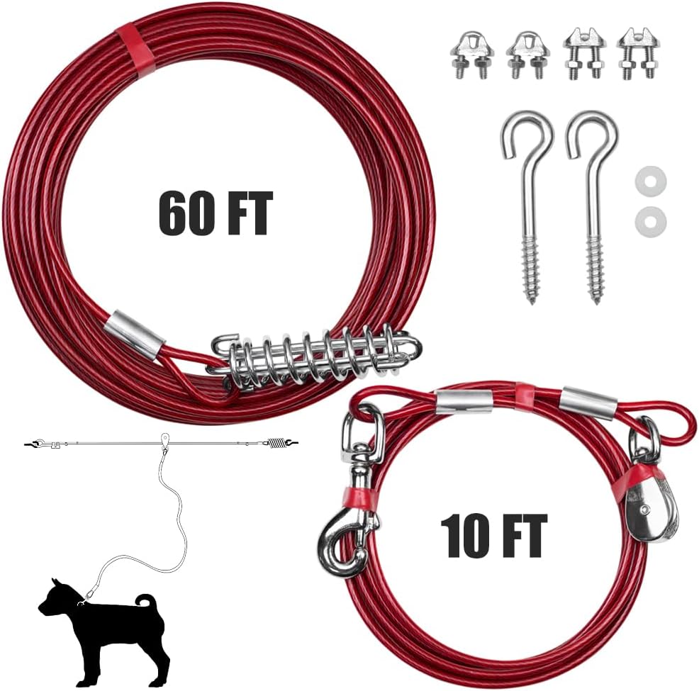 BV Dog Aerial Trolley System Tie Out for Yard - 60ft Dog Run Cable with 10ft Pulley Runner Lead - Heavy Duty Reflective Cable for Dogs up to 125 lbs, Rust-Resistant & Tangle-Free Outdoor Runner
