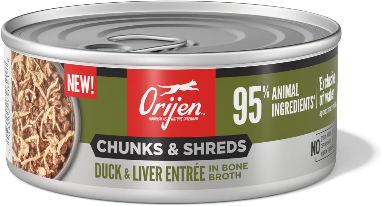 ORIJEN Chunks & Shreds Wet Cat Food Duck & Liver Entrée 5.5oz Cans (6 Count)