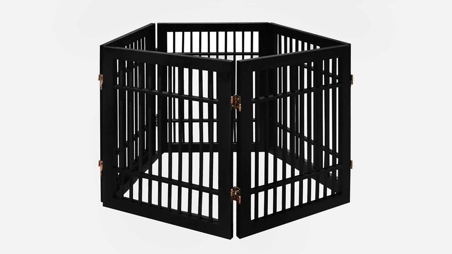 Pet Dog Gate Strong and Durable Freestanding Folding Acacia Hardwood Portable Wooden Fence Indoors or Outdoors by Urnporium (Black Pet Gate, 5 Panel 24" Tall)