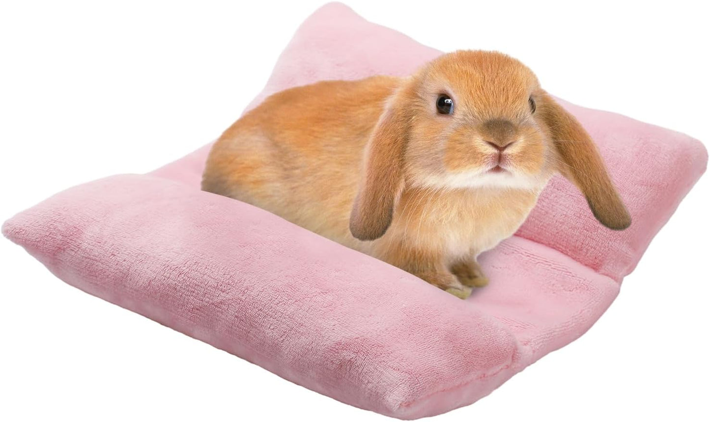 MEWTOGO 13 x 14In Rabbit Bed, Thickened Soft Snuggle Bunny Bed, Cuddle Cushion Plush Mat with Cotton Lounger Pillows, Small Pet Flop Mat for Cage Sleeping Indoor, Pink