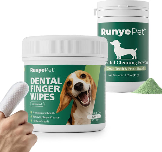 Deep Dental Cleaning Kit for Dogs & Cats – Pet Plaque Removal Powder & 50 Dental Care Wipes – Natural Formula with Probiotics for Fresh Breath & Healthy Teeth (Cleaning Kit, 50ct+45g)