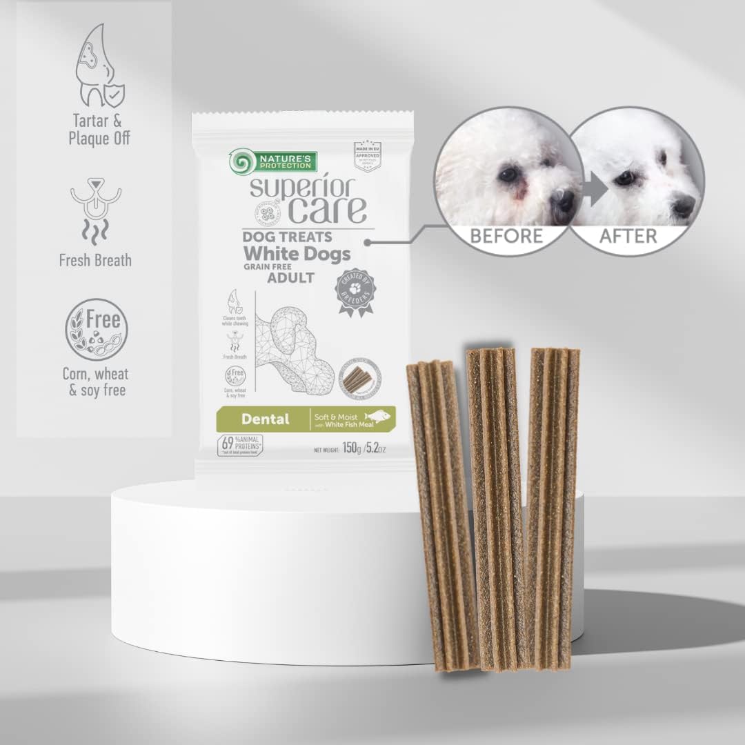 Nature's Protection Dental Chews for Dogs Teeth - Fights Bad Breath - Grain Free Dog Dental Treats for Small & Large Breed Adult Dogs with Light Fur, 5.2 oz (Superior Care - White Fish, Pack of 5)