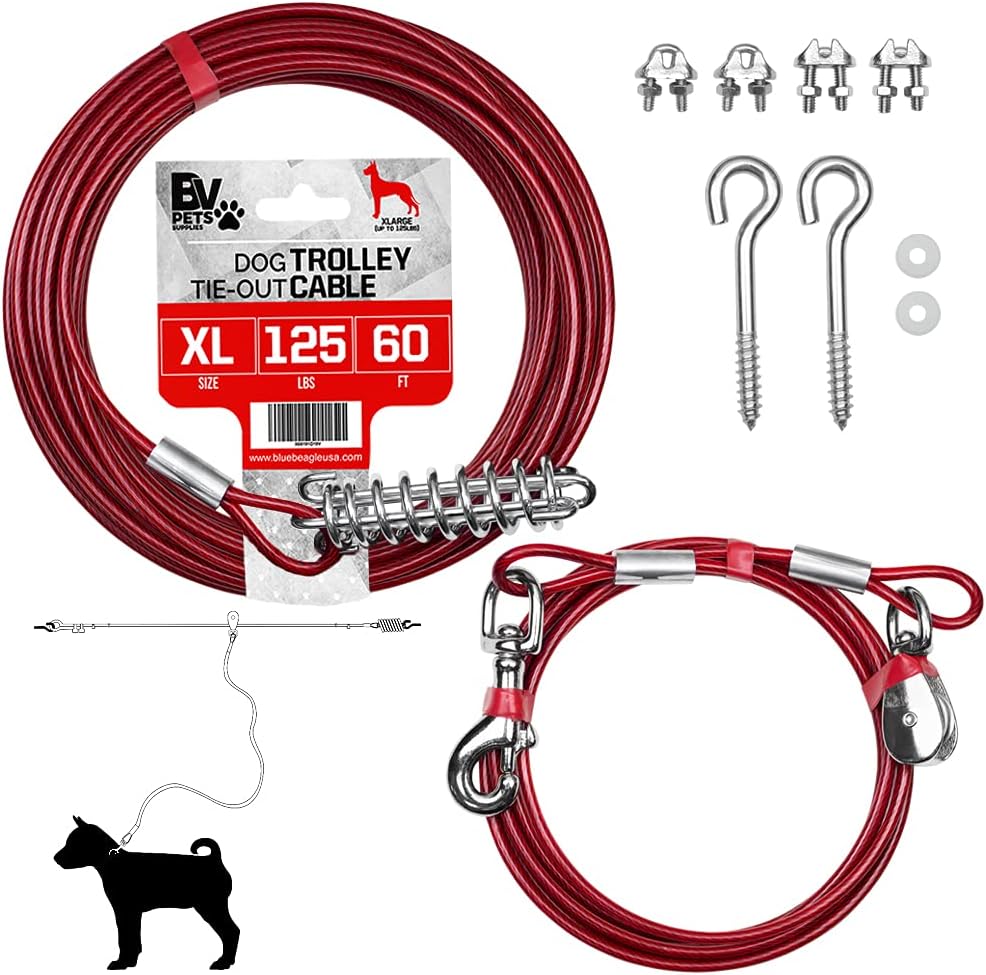 BV Dog Aerial Trolley System Tie Out for Yard - 60ft Dog Run Cable with 10ft Pulley Runner Lead - Heavy Duty Reflective Cable for Dogs up to 125 lbs, Rust-Resistant & Tangle-Free Outdoor Runner